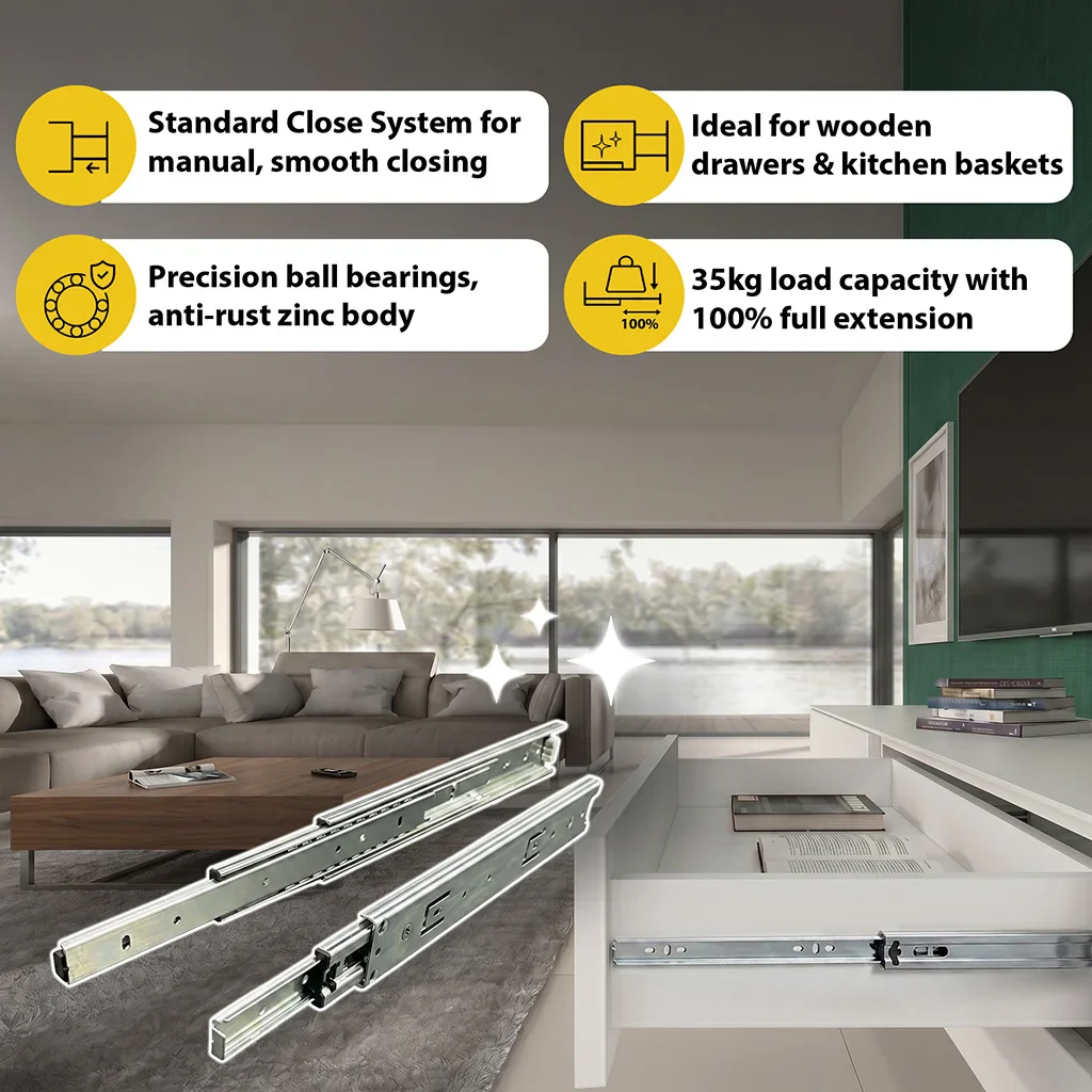 Ebco Sleek Telescopic Drawer Channel, Regular Close, 35 Kg Capacity, Zinc - Image 2