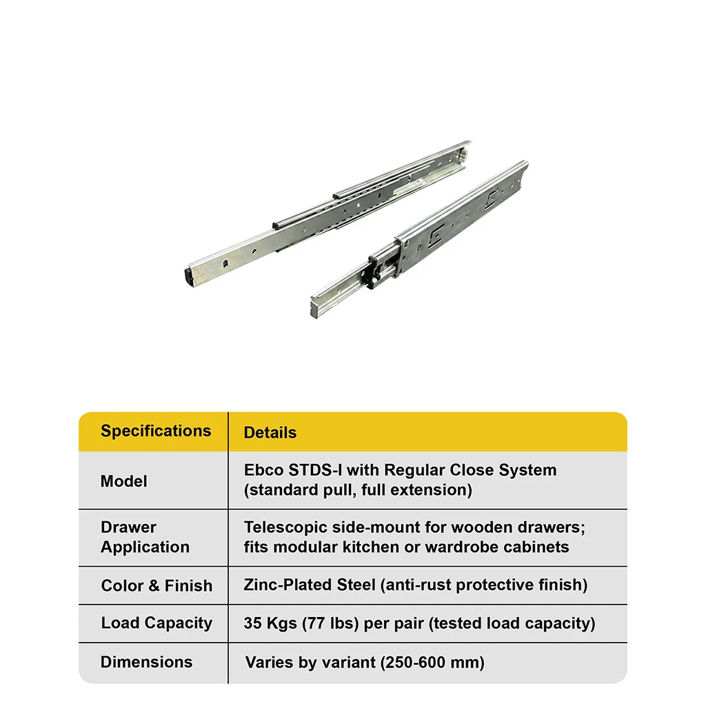 Ebco Sleek Telescopic Drawer Channel, Regular Close, 35 Kg Capacity, Zinc - Image 4