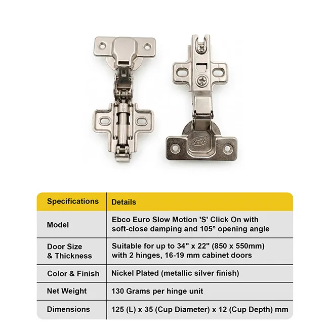 Ebco Soft Close Hinges, 1 Set (2 Nos) - Image 4