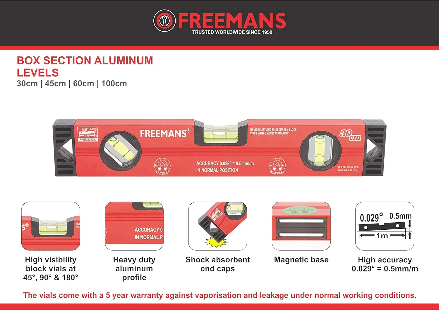 Freemans Spirit Level, Aluminium, Magnetic, 30cm - Image 2
