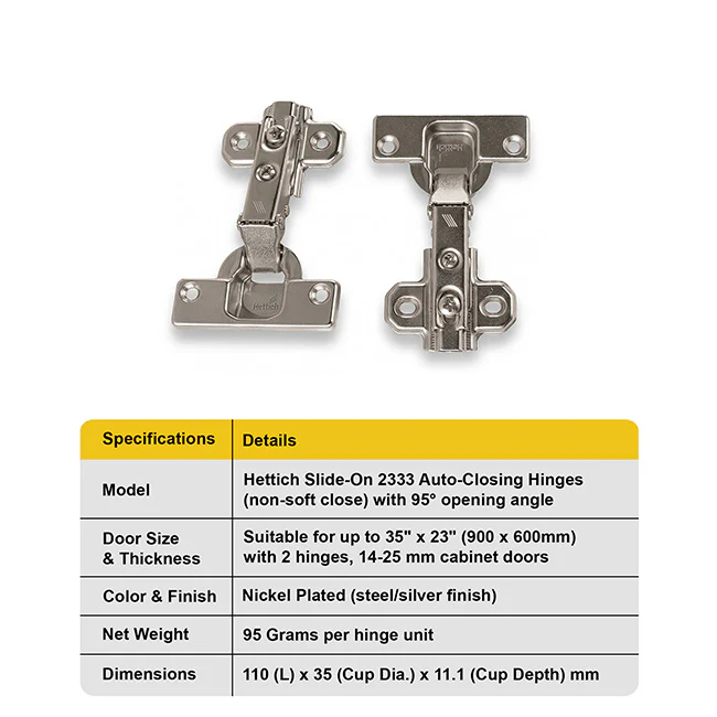 Hettich Slide On 2333 Regular Close Hinges, 1 Set (2 Nos) - Image 4