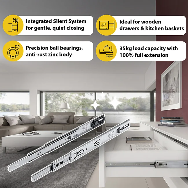 Hettich KA 4732 Telescopic Channel, Soft Close, 35 kg Capacity, Zinc - Image 2