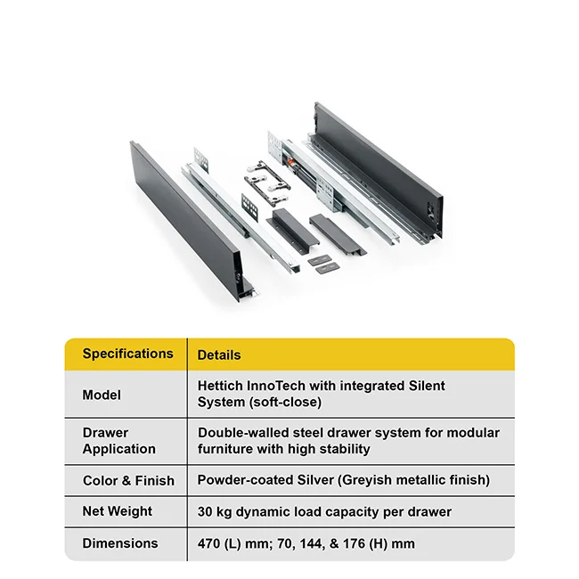 Hettich InnoTech Tandem Box, Silver, 470mm, 30Kg, Full Set - Image 4
