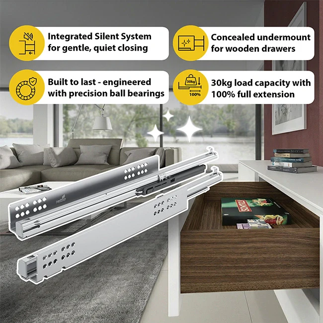 Hettich Quadro-V6 Drawer Runners, Full Extension, 30 Kgs Capacity, Silent System - Image 2