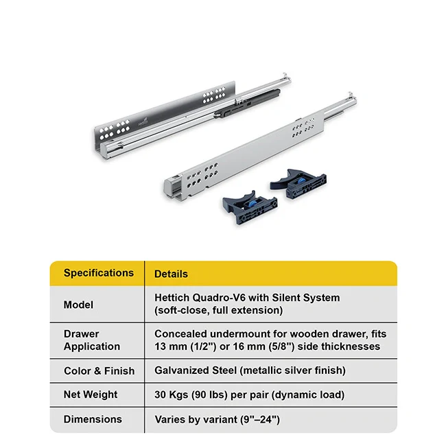 Hettich Quadro-V6 Drawer Runners, Full Extension, 30 Kgs Capacity, Silent System - Image 4