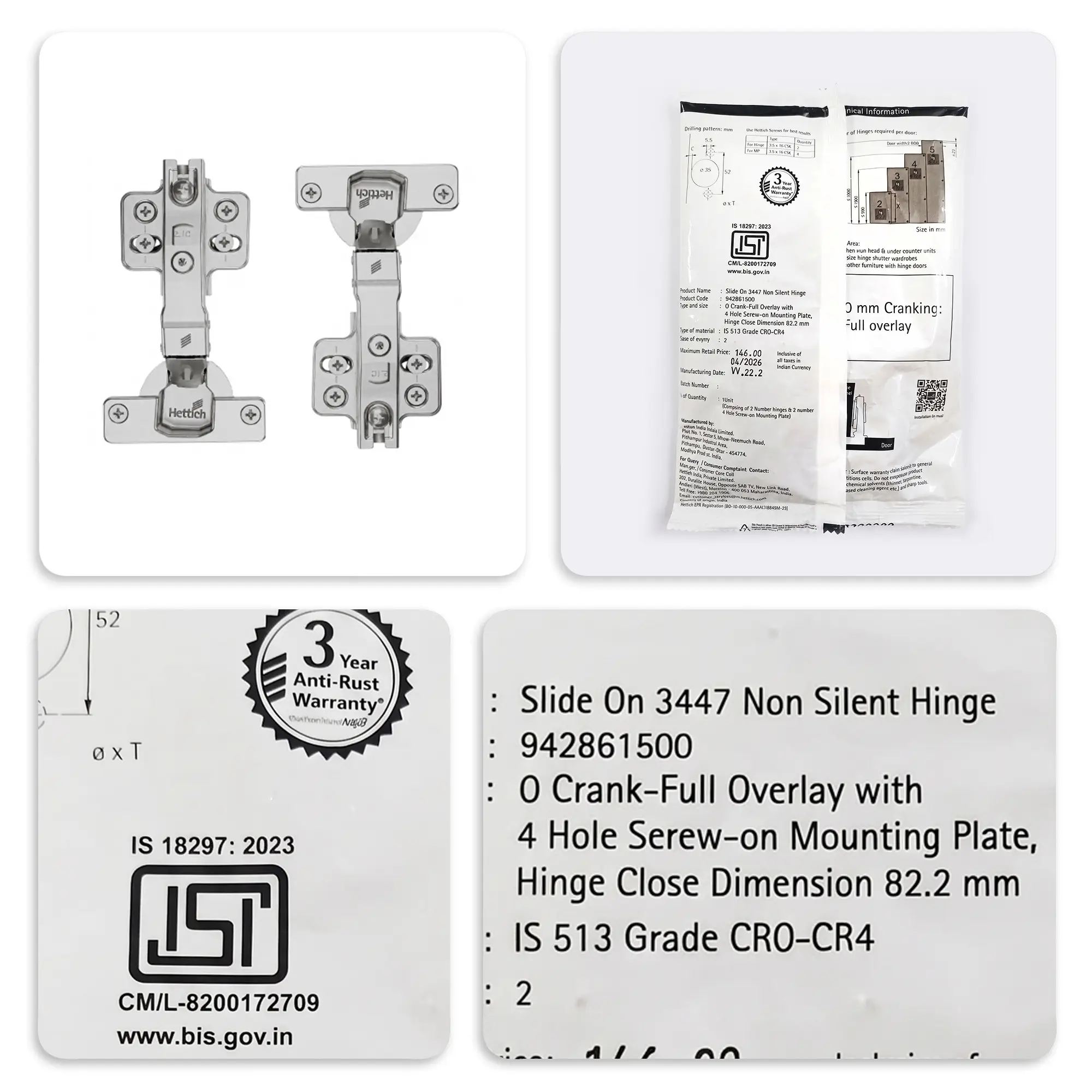 Hettich Slide On 3447 Non-Silent Hinge, Regular Close - Image 3