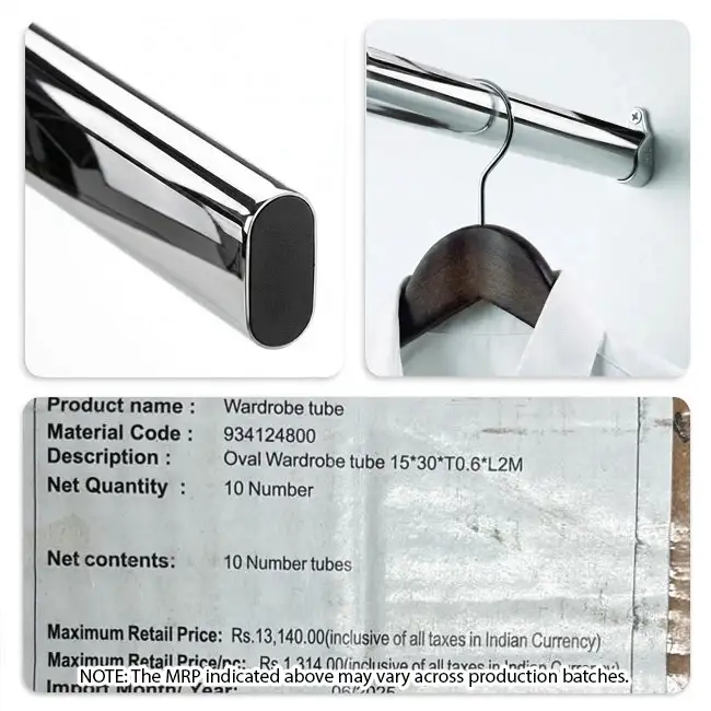 Hettich Wardrobe Oval Cabinet Rail, 2000 mm Length, Chrome Gloss - Image 2