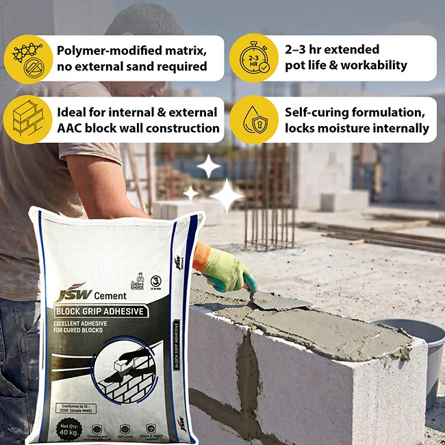 JSW Block Grip AAC Block Jointing Mortar/Adhesive, 40 Kg Bag - Image 2